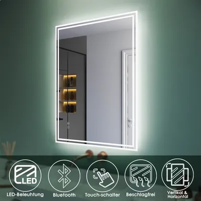 Produktbild von SONNI Badezimmerspiegel mit Bluetooth-Funktion 60x80cm Touch Schalter mit LED Beleuchtung und Beschlagfrei Beide Installationsrichtungen Wandspiegel