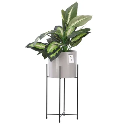 Produktbild von Blumenständer Blumenbeet Blumentopf Metall-Ständer Blumenübertopf Rund D 13,5 cm H 33 cm Hellgrau Glanz Oberfläche Gestell Orchidee Vase Keramik Modern Glamour