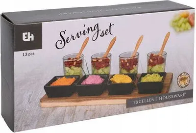 Productafbeelding van Een uitstekende set voor het serveren van tapas, gemaakt van acaciahout en porselein, afmetingen 30x15x1,5 cm, kleur bruin/zwart