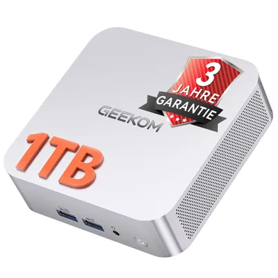 Produktbild von GEEKOM A7 Mini PC, AMD Ryzen 5 7535HS bis 4,55 GHz, 16 GB DDR5 RAM, 1 TB SSD, aufrüstbar, USB4, 4 Displays bis 8K, Wi-Fi 6E, 2,5G LAN, Silber