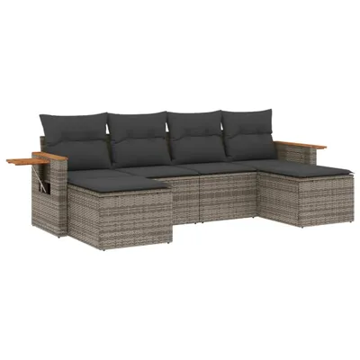 Produktbild von Modulare Garten-Sofagarnitur, 6-teilig, für Terrasse & Balkon, aus Poly Rattan & Stahl, mit klappbaren Ablagen, abnehmbaren Kissenbezügen, Grau