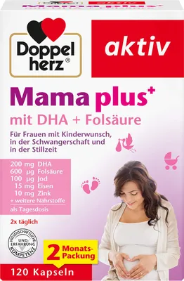 A box of Doppelherz Mama plus vitamins for pregnant and breastfeeding women, featuring a pregnant woman holding her belly.