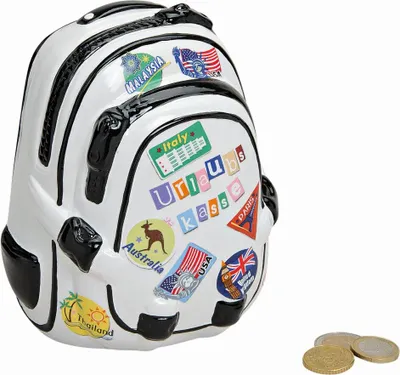 Produktbild von Spardose Sparbüchse Rucksack Urlaubskasse Keramik