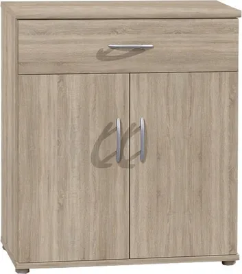 A front view of a light brown wooden cabinet with a drawer and two doors.