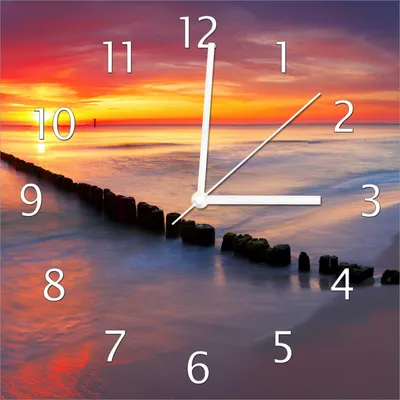 Produktbild von Wallario Design Wanduhr Farbenspiel im Himmel - Sonnenuntergang am Strand aus Echtglas, Größe 30 x 30 cm