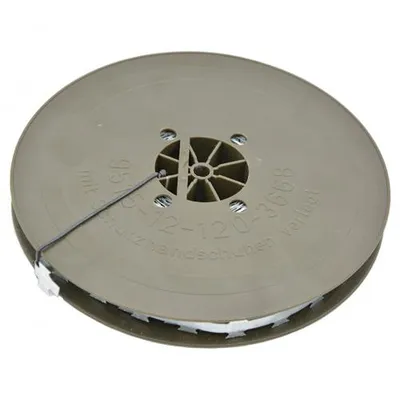 A spool of barbed wire is shown against a light gray background.
