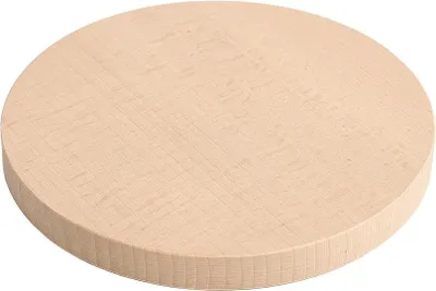 A round wooden cutting board is shown from a slightly elevated angle against a white background.
