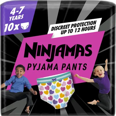 Obrázok produktu pre NINJAMAS Plienkové pyžamové nohavice Hearts, 10 ks, 7 rokov, 17kg-30kg