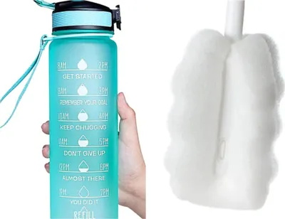 Produktbild von Sport Trinkflasche 1 Liter mit Motivations-Skala und integriertem Strohhalm – Trinke während deiner Aktivität (Grün + Reinigungsbürste)