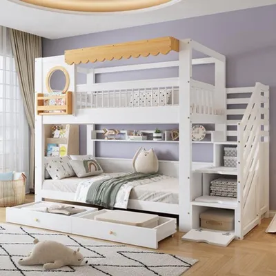 Image de Lit superposé - 90x200 cm - Avec espace de rangement et escalier - En pin et MDF - Blanc et couleur bois naturelle
