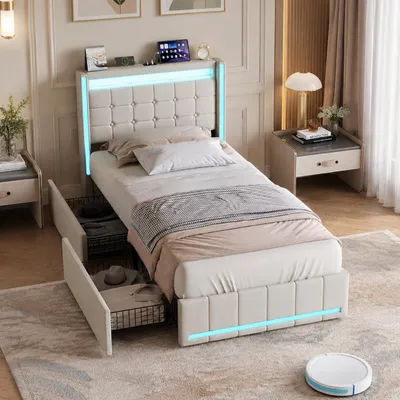 Productafbeelding van INONEFT Gestoffeerd bed 90x200 cm met 2 lades, LED-eenpersoonsbed met opbergruimte in het hoofdeinde en USB-poort, bedframe met opbergruimte en lattenbodem, linnen, beige