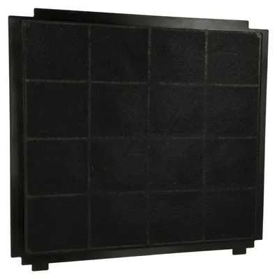 A black carbon filter for a range hood, presented against a black background.