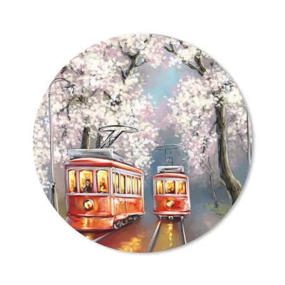 Produktbild von MuchoWow® Mauspad Mousepad Gemälde - Ölgemälde - Straßenbahn - Blühender Baum 30x30 cm - Mousepads - Maus Mat - Pad - Mausunterlage - Tischunterlage - Schreibtischmatten