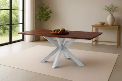 Produktbild von Esszimmertisch Rita | 160 x 85 cm | Akazienholz massiv | Kastanienfarbig | Schweizer Kante | Spider-Gestell Metall Silber | pflegeleichter Esstisch/Holztisch für Esszimmer & Küche