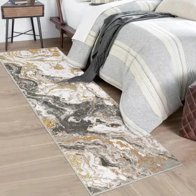 Immagine prodotto di Tappeto lavabile - Tappeto con motivo marmorizzato - 80 x 150 cm - Lavabile in lavatrice - Antiscivolo - Realizzato in poliestere morbido - Colori: grigio, oro e bianco