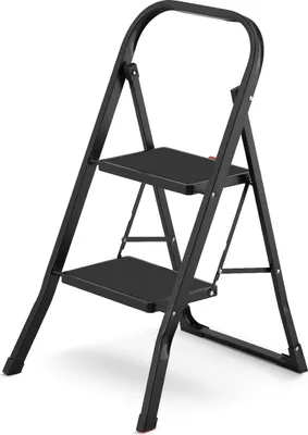 A black, two-step folding stepladder is shown against a white background.