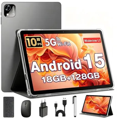 Zdjęcie produktu dla Tablet 10-calowy z systemem Android 15, w zestawie etui, mysz i klawiatura, procesor Octa-Core, 18 GB pamięci RAM, 128 GB pamięci ROM, slot na kartę TF (1 TB), wyświetlacz HD IPS (1280x800), podwójny aparat, bateria 6000 mAh
