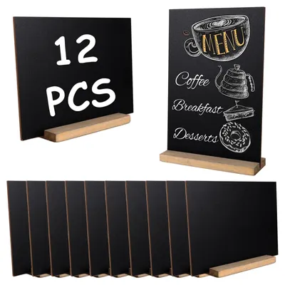 Obrázok produktu pre Omgoods – Stojan na tabule s 12 tabuľami – Mini tabule – Oboustranné – Drevené – 22,5 x 15,3 cm – Vhodné na svadby a do kaviarní – Mini tabule