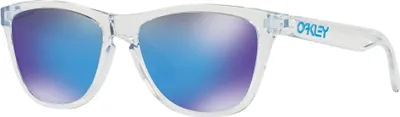 A pair of Oakley Frogskins sunglasses with clear frames and blue/purple mirrored lenses, shown against a white background.