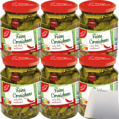 Produktbild von Gut & Günstig Cornichons mit Chili verfeinert kleine feine Gurkensortierung 6er Pack (6x190g ATG) + usy Block