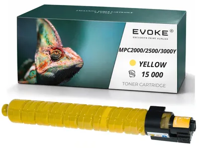Image de Cartouche de toner compatible Evoke pour les imprimantes Ricoh MPC-2000, 2500, 3000Y, références 888641, 884947, 842031, couleur jaune, rendement de 15 000 pages, compatible avec les modèles Aficio MP C2000, C2500, C3000
