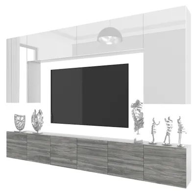 Produktbild von BELINI Wohnwand MILANO 2 Wohnzimmer 300 cm - Weiß Hochglanz/Grau Matt, Moderne Schrankwand Set, Anbauwand TV-Schrank Griffloses System