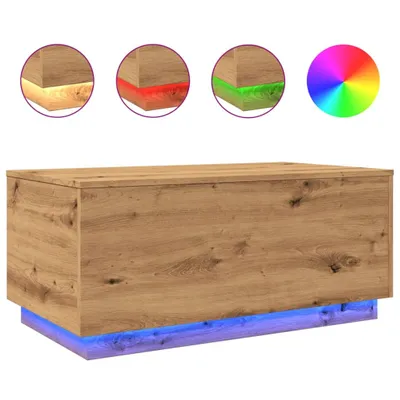 A wooden coffee table with blue LED lights underneath, shown with inset images demonstrating different LED color options.