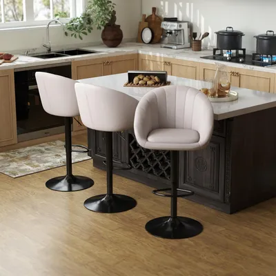Immagine prodotto di Set di 3 sgabelli da bar, con altezza regolabile, schienale e poggiapiedi, rivestiti in tessuto di lino color beige