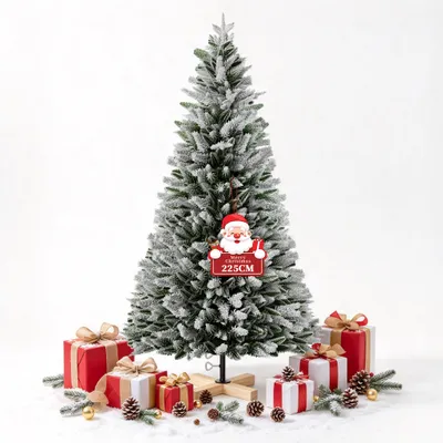 Image de Arbre de Noël artificiel UISEBRT, 2,25 mètres de haut, avec revêtement neigeux, branches en mélange de PE et de PVC, branches rétractables avec support en bois massif, arbre de Noël artificiel