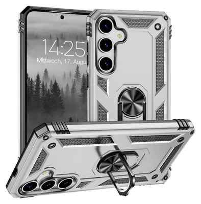 A silver phone case with a ring holder is displayed in a studio setting.