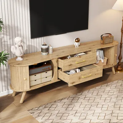Produktbild von MODFU Erbsenförmiges Lowboard Natur TV-Schrank mit 2 Schiebetüren Holzoptik Fernsehbank mit 2 Schiebetüren und vertikaler Rillenoptik Für Wohnzimmer geeignet