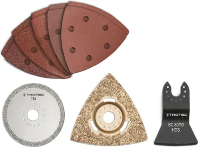 Produktbild von TROTEC 13-tlg. Zubehör-Set zur Bad-Sanierung (1x, RIFF-Schleifplatte, 1x Diamantsägeblatt, 1x Schabmesser, 10x Dreieckschleifpapier mit versch. Körnung) passend für fast alle Multifunktionswerkzeuge
