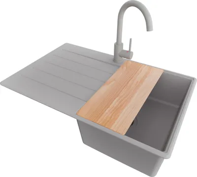 Produktbild von PRIMAGRAN Granitspüle Grau 78x50cm, Spülbecken 1 Becken + Küchenarmatur 32x20cm + Ablauf-Set + Schneidebrett, Küchenspüle ab 45er Unterschrank - Kopenhagen