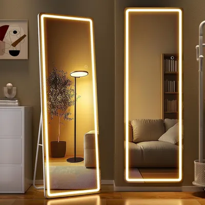 Immagine prodotto di Specchio a figura intera con illuminazione a LED, dimensioni 140x40 cm, 3 colori di luce, dimmerabile, da appoggio o da parete, colore bianco