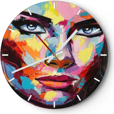 Produktbild von Wanduhr - Rund - Glasuhr - Mädchen Gesicht - 30x30cm - Schleichendes Uhrwerk - Lautlos - zum Aufhängen bereit - Dekoration Modern - Wanddekoration aus Glas - C3AR30x30-3471
