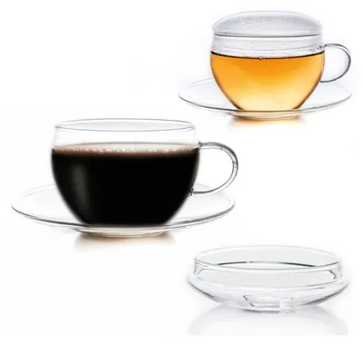 Produktbild von Creano 2er-Set Glas-Tasse mit Untertasse & Deckel, praktisch für ErblühTeelini, exqusiTea, Cappuccino, Latte Macchiato | 200ml