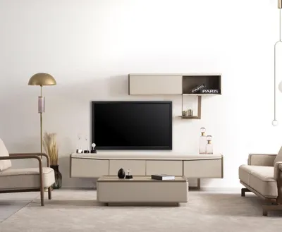 Produktbild von Beiges Lowboard Holz Regal Designer RTV-Schrank Wohnzimmer Luxus Möbel