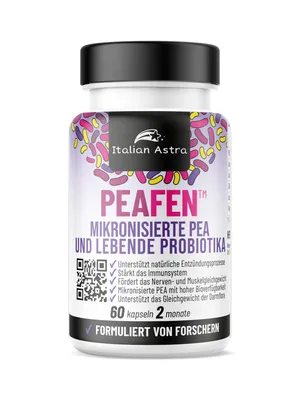 Immagine prodotto di PEAFEN™ PEA 350 mg – Palmitoylethanolamide micronizzata, antinfiammatorio naturale, con probiotici, zinco e vitamina D3 – 60 capsule per 2 mesi.