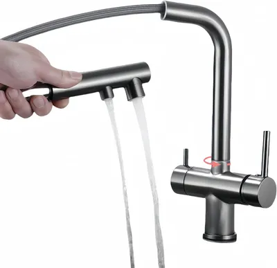 Produktbild von Küchenarmatur 3-Wege-Küchenarmatur mit ausziehbarem Brausekopf – Küchenmischbatterie (Grau)
