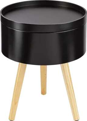 A black round side table with three wooden legs against a white background.