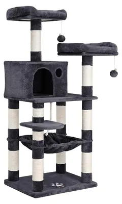 Produktbild von Katzenkratzbaum mit Katzenhaus – Sisalstämme – Hängematte – Rauchgrau – 55 x 45 x 143 cm