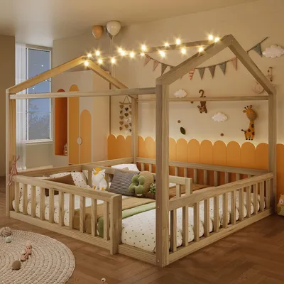 Produktbild von Flieks Kinderbett Hausbett 90/180x190cm mit LED, Bodenbett Holzbett mit Rausfallschutz und Lattenrost, Flachbett für 2 Kinder, Naturbelassen
