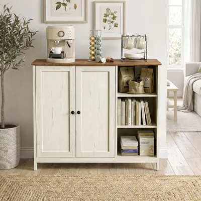 Produktbild von VASAGLE Badezimmerschrank Standschrank mit 2 Türen und 3 Offenen Fächern 90 x 30 x 80 cm Weiß und Tan