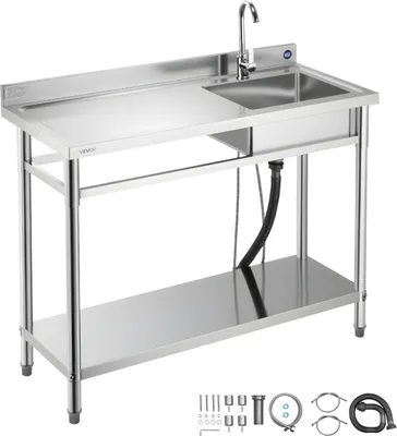 Obrázek produktu pro Dřezová skříňka VEVOR z nerezové oceli (120 x 50 x 94 cm), s jednou mísou, baterií a poličkou, kuchyňský dřez pro garážovou prádelnu, venkovní dřezová skříňka s pracovní deskou (vlevo)