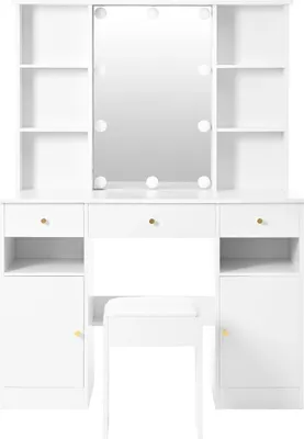 Obrázok produktu pre Veľký toaletný stolík – komoda do spálne – zrkadlo s LED osvetlením – stolička – 3 zásuvky, 2 dvierka – 110 × 40 × 151 cm – biela farba