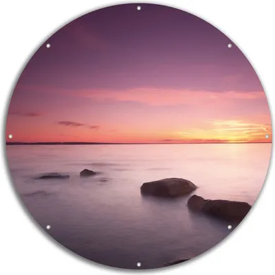 Produktbild von Wallario rundes Outdoor-Poster für Garten oder Balkon, Motiv Nebel am See bei Sonnenuntergang, 60 cm Durchmesser