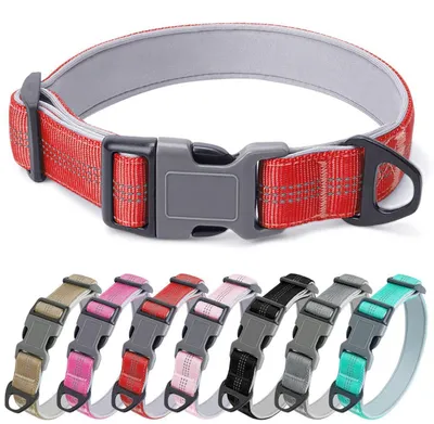 Image de Collier pour chien, rembourré, réglable, réfléchissant, en nylon, rouge, taille S