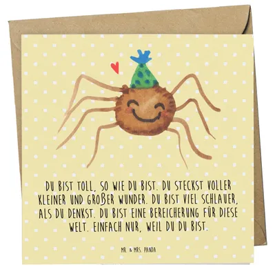 Produktbild von Mr. & Mrs. Panda Grußkarte Spinne Agathe Party - Gelb Pastell - Geschenk, anlasskarte, faltkarte, Motivation, Selbstliebe, Glückwunschkarte, doppelkarte, Wunder, Glück