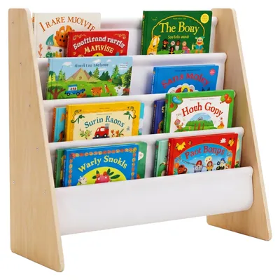 Obrázok produktu pre Detská knižnica Relaxdays, rozmery: 60 x 63 x 39 cm, 4 látkové priehradky, detská knižnica Montessori, detská polička, biela/prírodná