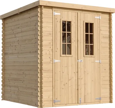 A wooden garden shed with double doors and two windows.